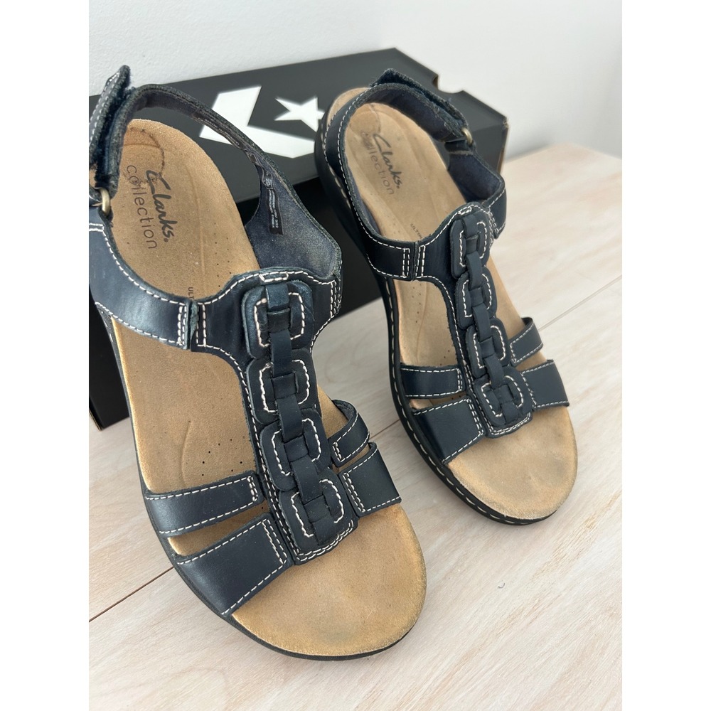 Clarks Collection Leisa Janna Navy Blue Leather Comfort Slingback Sandals Size 7